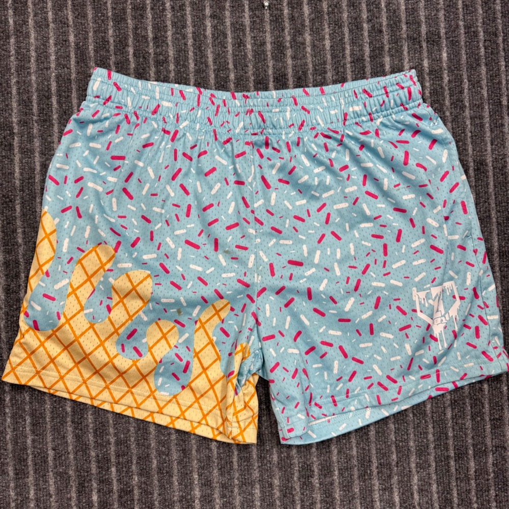 B101 Apparel Mens Ice Cream Sprinkles Mesh Shorts Medium Blue Pink Waffle Cone